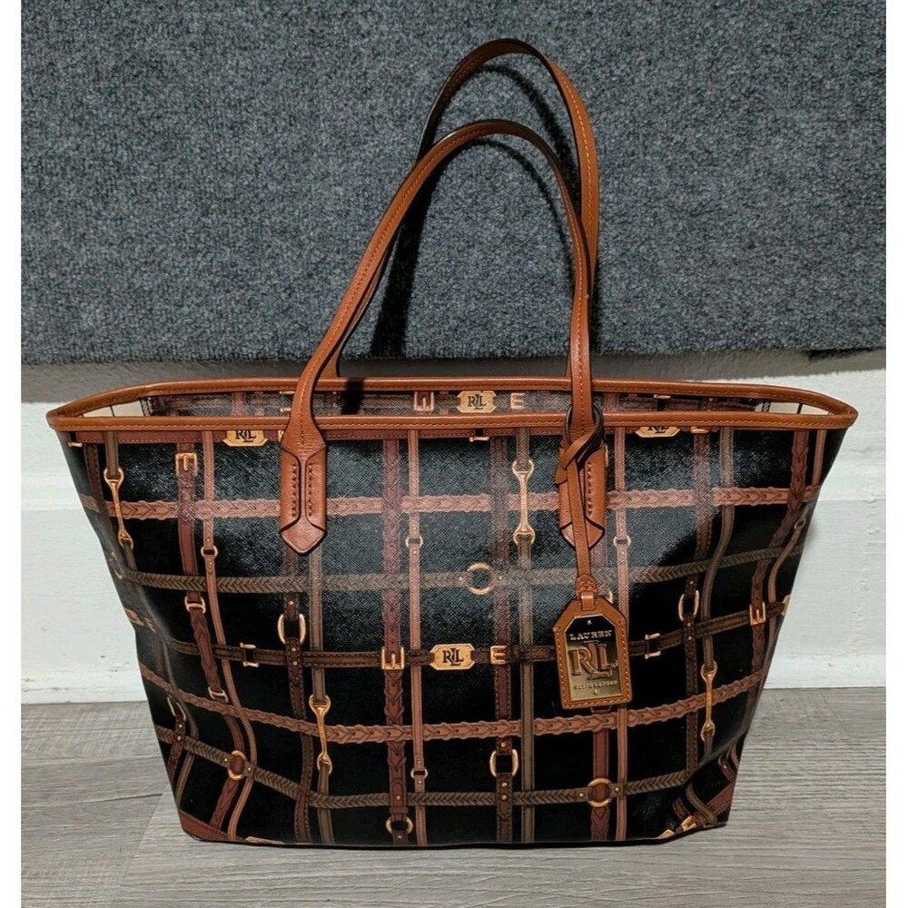 Lauren Ralph Lauren Equestrian Tote Black Coated Canvas Leather Bridle RLL Bag